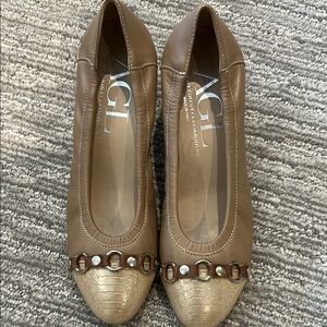 AGL Brown and Gold Low Heel with Metallic Finish